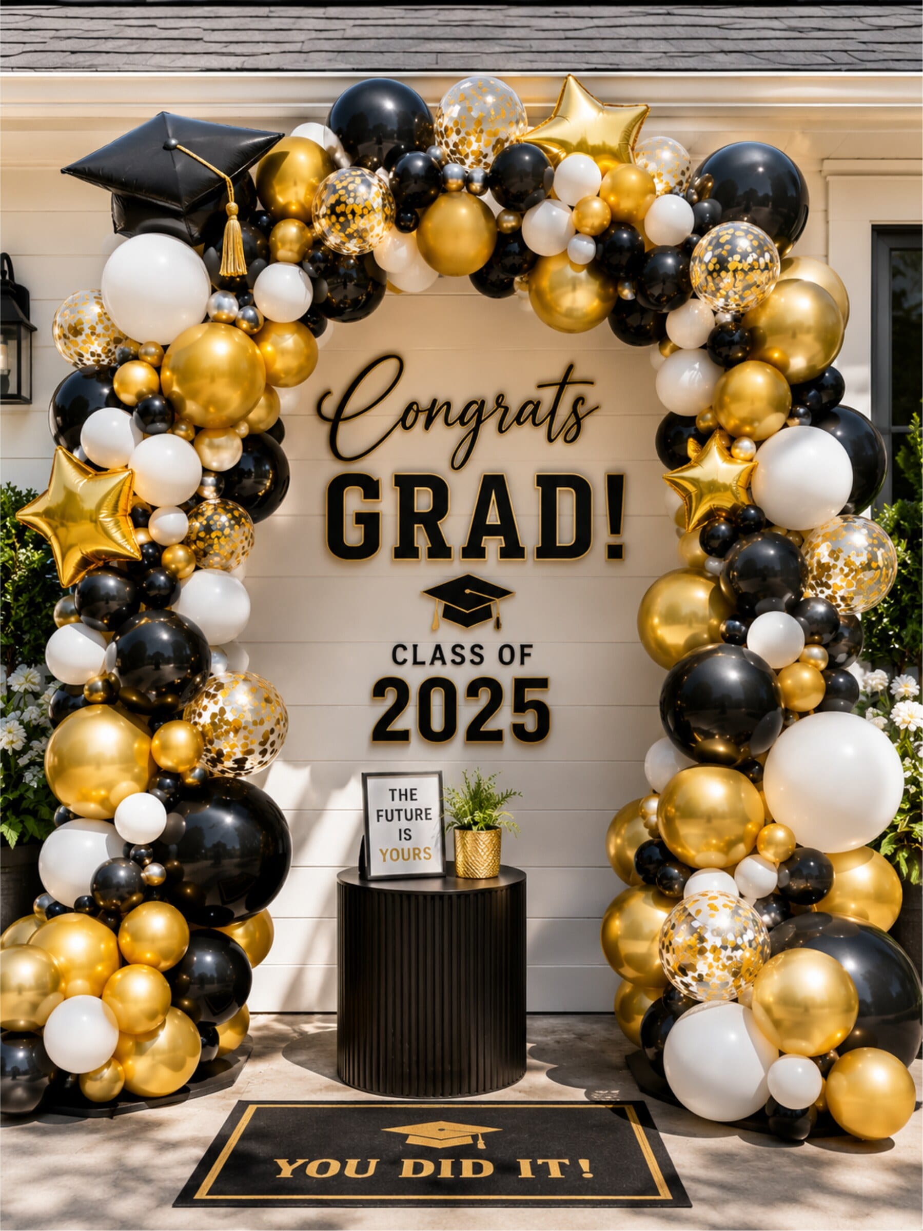 A black, gold, and white balloon arch framing a Congrats Grad Class of 2025 sign on a front porch.