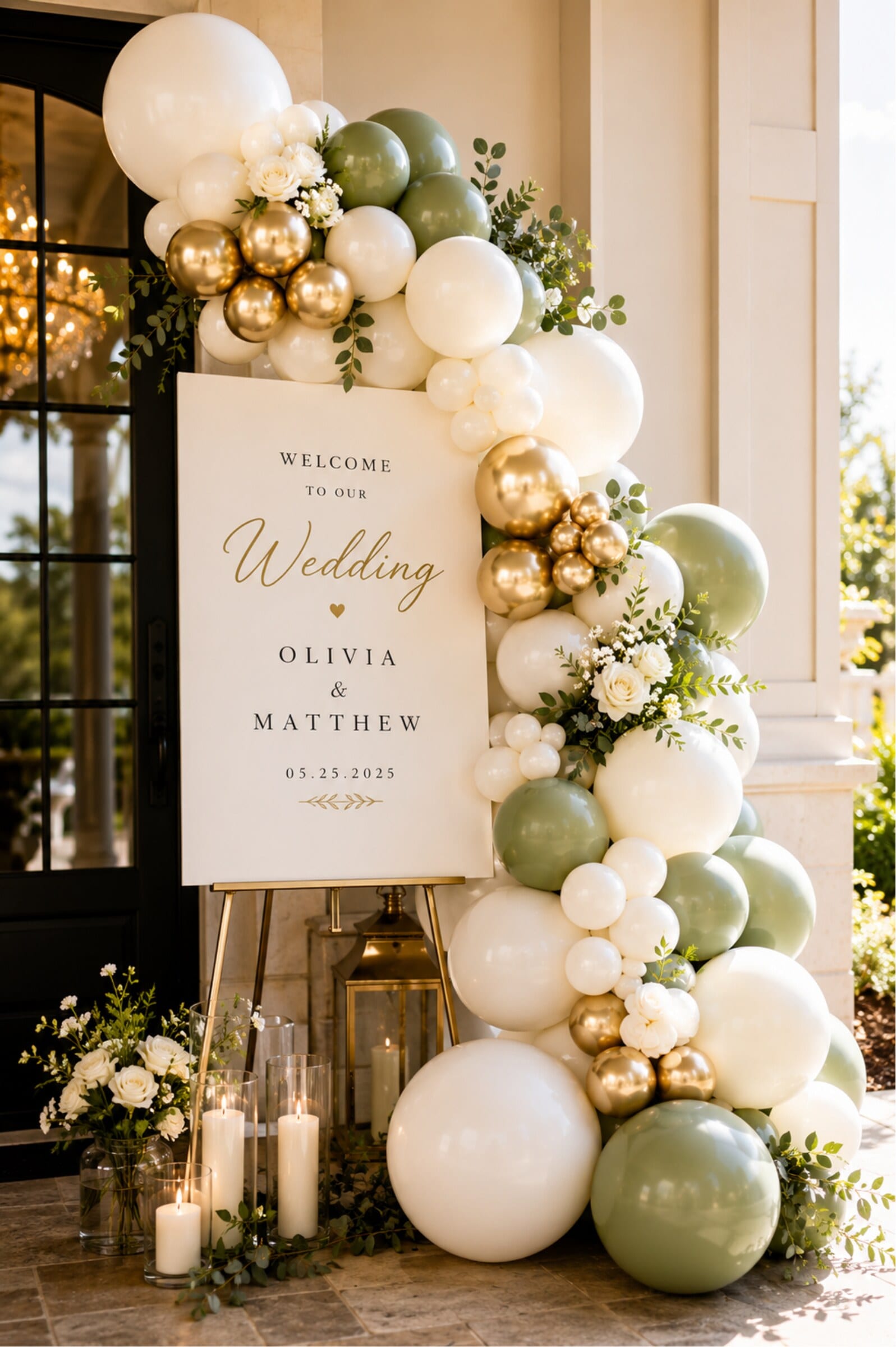 A sage, white, and gold balloon garland framing a wedding welcome sign with candles.