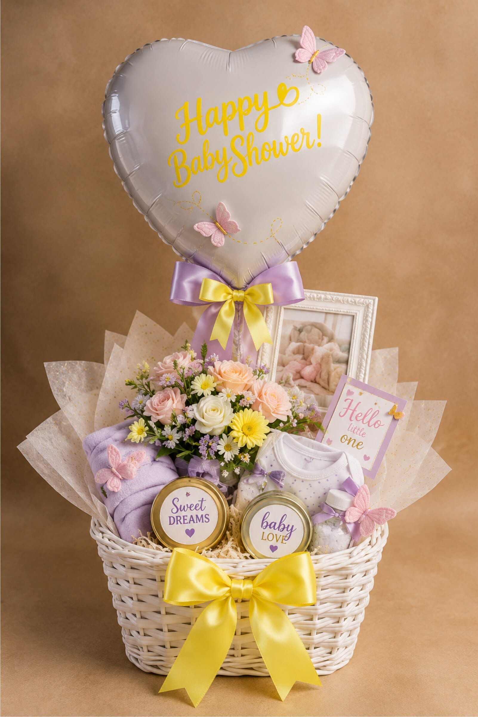 A heart-shaped Happy Baby Shower balloon above a white basket of baby gifts with a yellow bow.