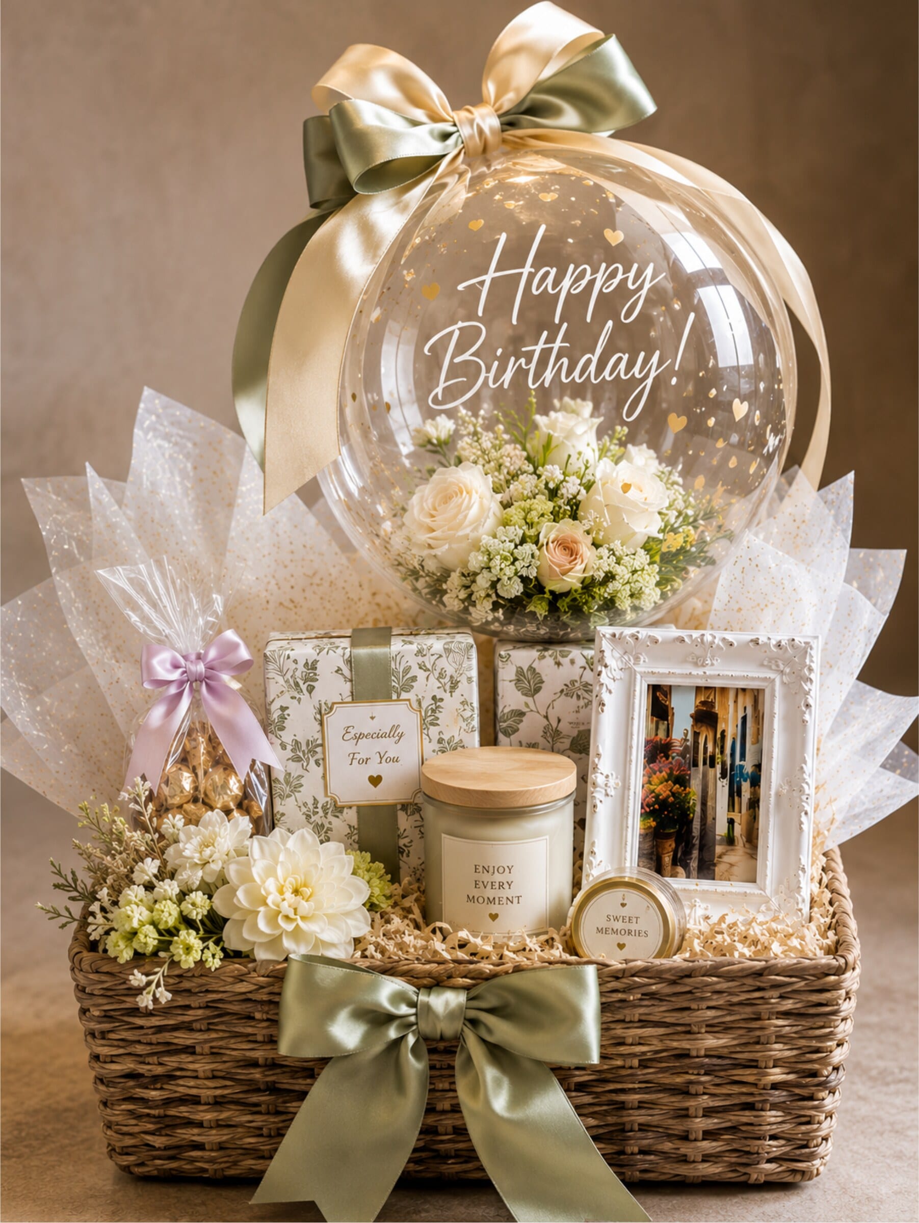 A wicker gift basket with a clear personalised balloon, sage ribbon, framed photographs, and a candle.