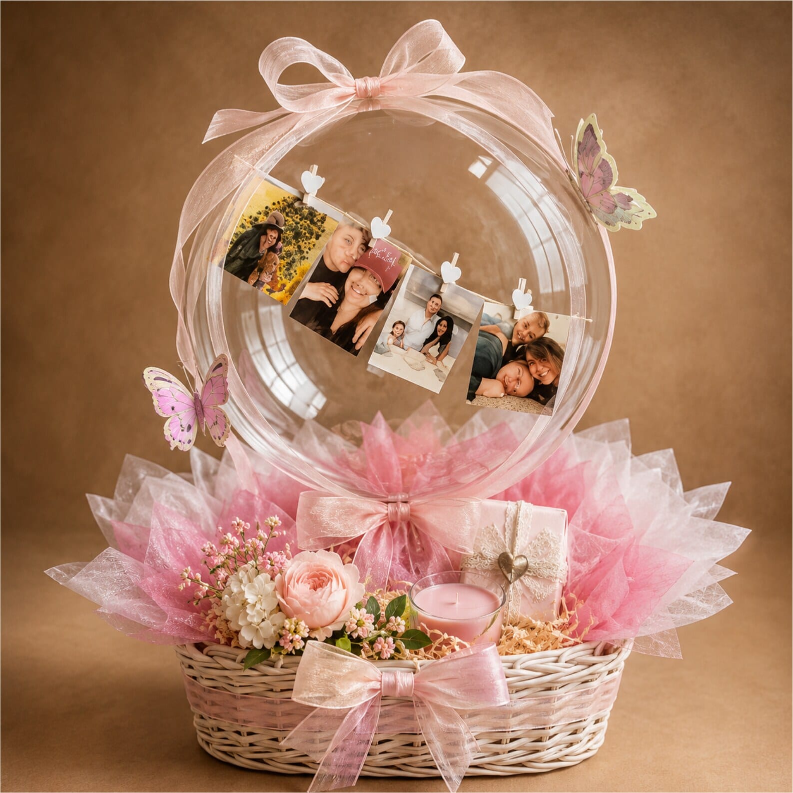 A pink and white gift basket with a clear bubble balloon, fresh flowers, tulle, and hanging photo keepsakes.