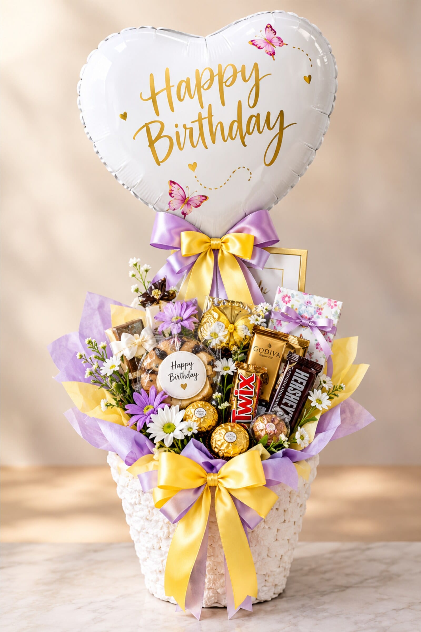 A white heart-shaped Happy Birthday balloon above a basket of chocolates with a yellow ribbon and lilac tulle.
